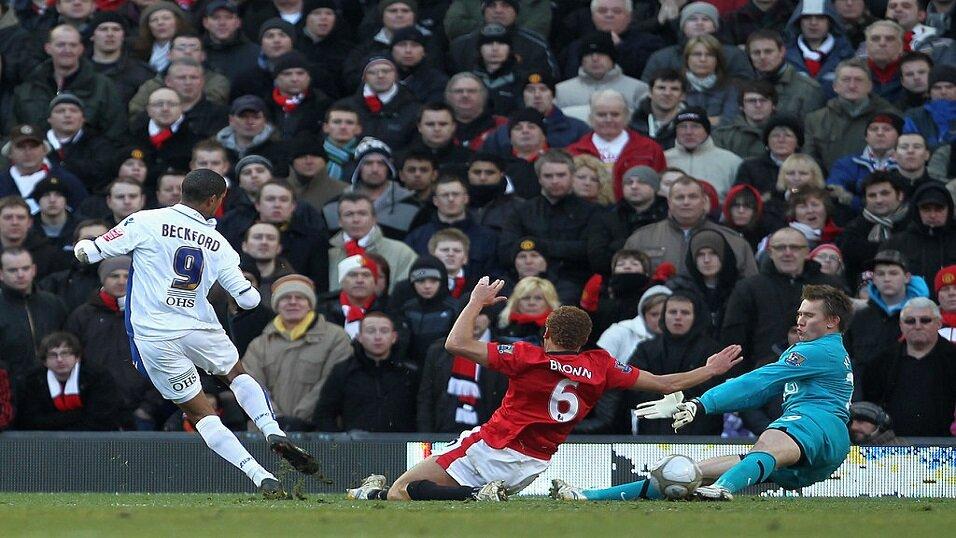Jermaine Beckford scores Leeds' winner at Old Trafford in 2010